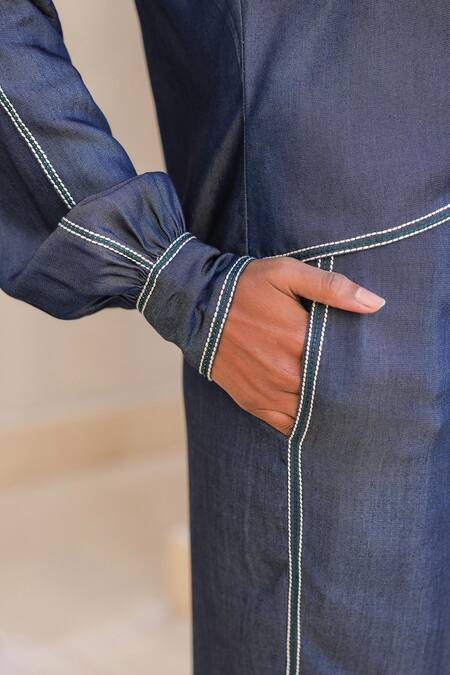 Buy_Raw & Rustic By Niti Bothra_Blue Tencel Embroidery Collared Floral Denim Shirt And Pant Set 