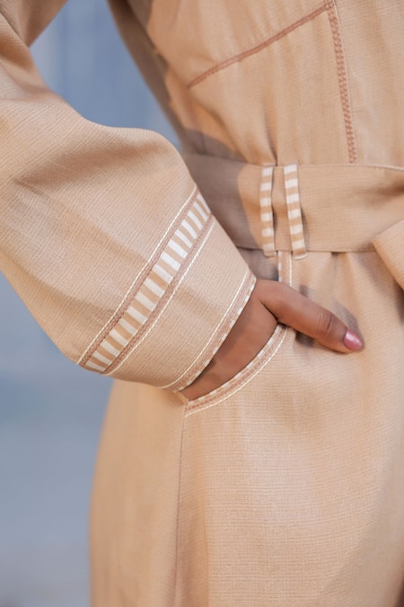 Raw & Rustic By Niti Bothra_Beige Tencel Embroidery Trench Coat And Pant Set _Online_at_Aza_Fashions