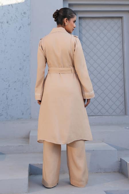 Shop_Raw & Rustic By Niti Bothra_Beige Tencel Embroidery Trench Coat And Pant Set _at_Aza_Fashions