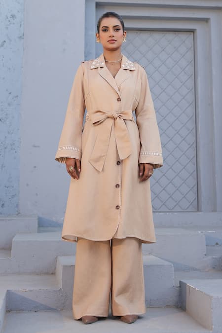 Buy_Raw & Rustic By Niti Bothra_Beige Tencel Embroidery Trench Coat And Pant Set _Online_at_Aza_Fashions