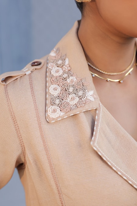 Shop_Raw & Rustic By Niti Bothra_Beige Tencel Embroidery Trench Coat And Pant Set _Online_at_Aza_Fashions