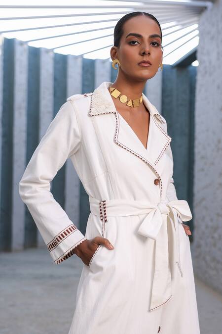 Shop_Raw & Rustic By Niti Bothra_White Tencel Embroidery Floral Trench Coat Set _Online_at_Aza_Fashions