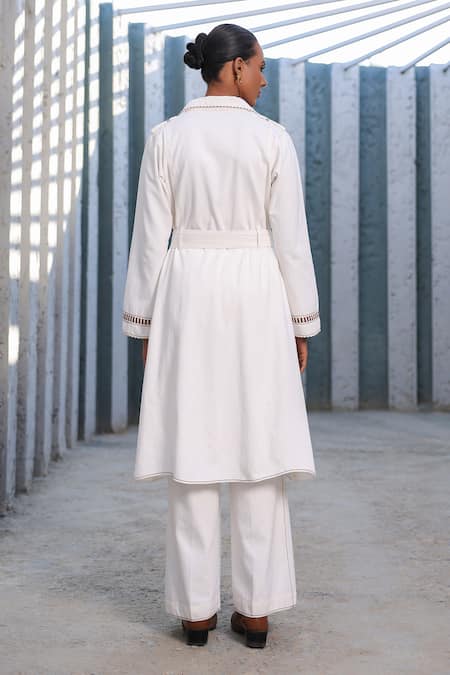 Shop_Raw & Rustic By Niti Bothra_White Tencel Embroidery Floral Trench Coat Set _at_Aza_Fashions