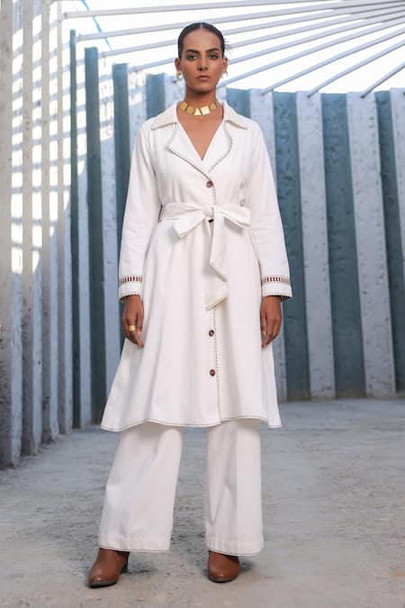 Raw & Rustic By Niti Bothra_White Tencel Embroidery Floral Trench Coat Set _at_Aza_Fashions