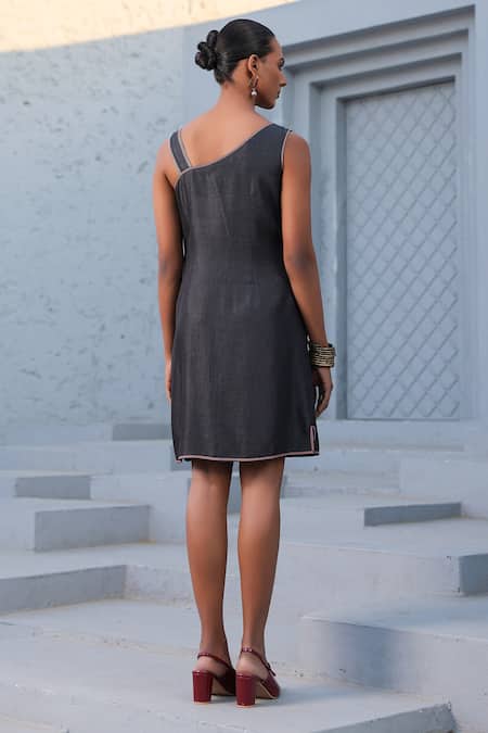 Shop_Raw & Rustic By Niti Bothra_Black Tencel Embroidery Asymmetric Floral Dress _at_Aza_Fashions