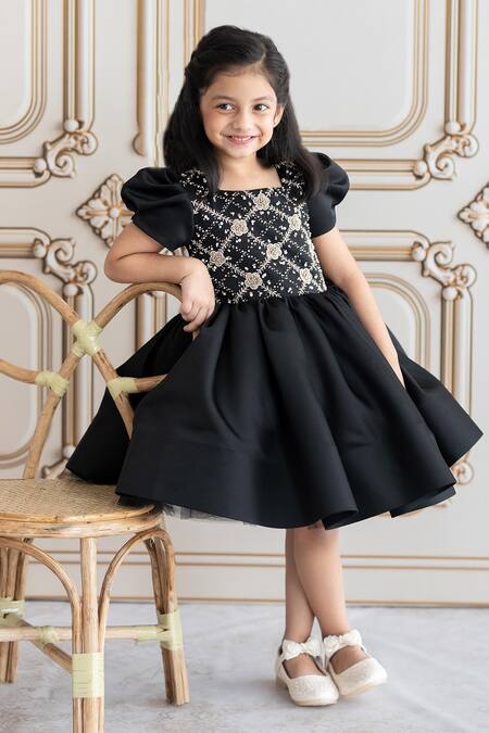 Shop Ruchika Lath Label Black Brocade Crystals, Pearls, Cut Work 3d Floral Embroidered Dress Online at Aza Fashions Shop_Ruchika Lath Label_Black Brocade Crystals, Pearls, Cut Work 3d Floral Embroidered Dress _Online_at_Aza_Fashions