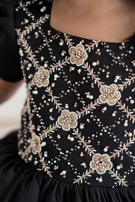 Ruchika Lath Label Black Brocade Crystals, Pearls, Cut Work 3d Floral Embroidered Dress at Aza Fashions Ruchika Lath Label_Black Brocade Crystals, Pearls, Cut Work 3d Floral Embroidered Dress _at_Aza_Fashions