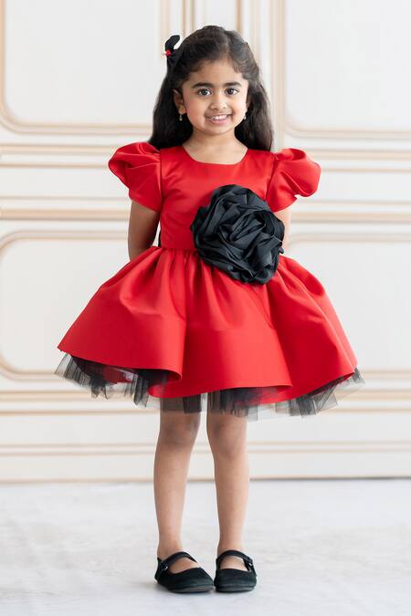 Buy_Ruchika Lath Label_Red Brocade Bows 3d Floral Applique Dress _Online_at_Aza_Fashions