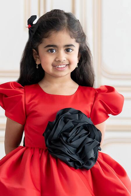 Shop_Ruchika Lath Label_Red Brocade Bows 3d Floral Applique Dress _Online_at_Aza_Fashions