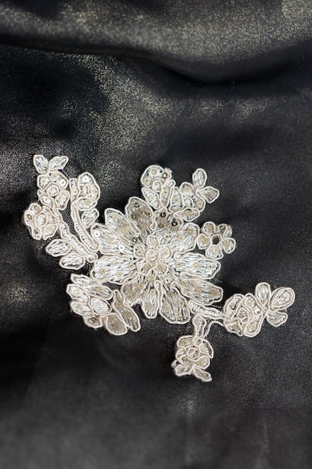 Buy_Ruchika Lath Label_Black Linen, Crepe, Organza Lace, Sequins, Pearls Floral Applique Gown _Online_at_Aza_Fashions