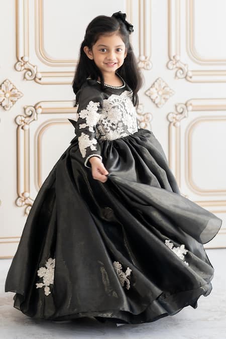 Shop_Ruchika Lath Label_Black Linen, Crepe, Organza Lace, Sequins, Pearls Floral Applique Gown _Online_at_Aza_Fashions