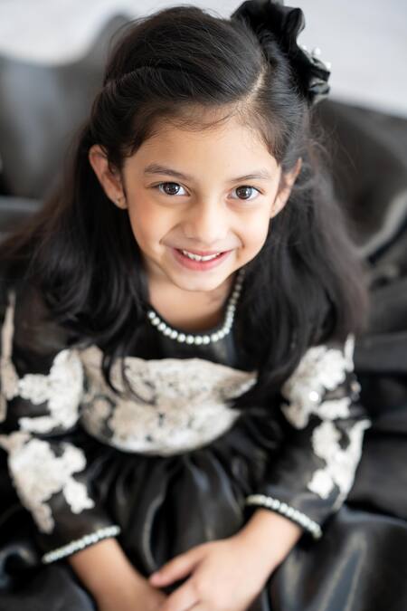 Ruchika Lath Label_Black Linen, Crepe, Organza Lace, Sequins, Pearls Floral Applique Gown _at_Aza_Fashions