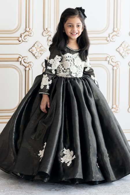 Buy_Ruchika Lath Label_Black Linen, Crepe, Organza Lace, Sequins, Pearls Floral Applique Gown 