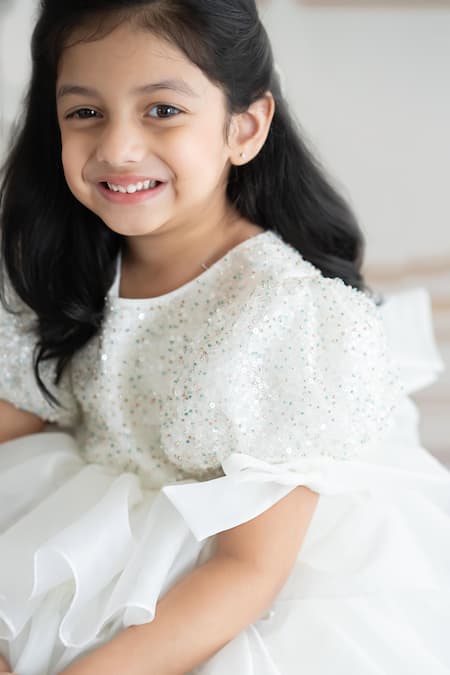 Ruchika Lath Label_Off White Linen Sequins, Beads Tiered Dress With Embroidery _Online_at_Aza_Fashions