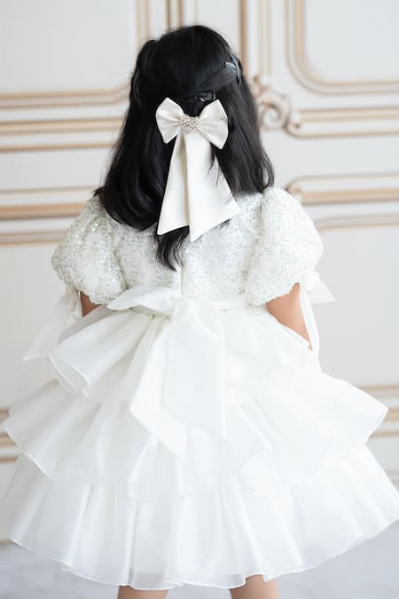 Shop_Ruchika Lath Label_Off White Linen Sequins, Beads Tiered Dress With Embroidery _Online_at_Aza_Fashions