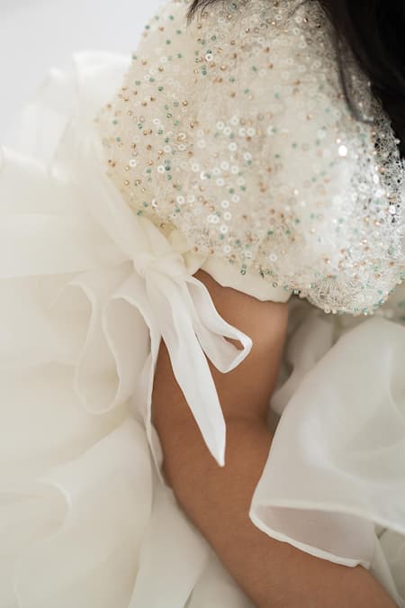 Ruchika Lath Label_Off White Linen Sequins, Beads Tiered Dress With Embroidery _at_Aza_Fashions