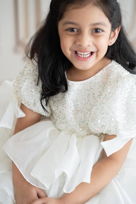 Buy_Ruchika Lath Label_Off White Linen Sequins, Beads Tiered Dress With Embroidery 