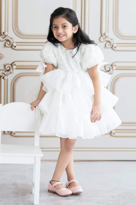 Shop_Ruchika Lath Label_Off White Linen Sequins, Beads Tiered Dress With Embroidery 