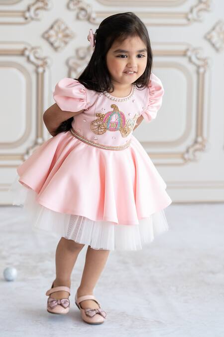 Ruchika Lath Label_Peach Neoprene, Cotton Sequins, Beads, Zari Chariot Embroidered Dress _Online_at_Aza_Fashions