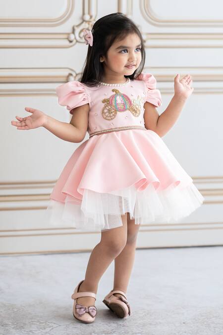 Buy_Ruchika Lath Label_Peach Neoprene, Cotton Sequins, Beads, Zari Chariot Embroidered Dress _Online_at_Aza_Fashions