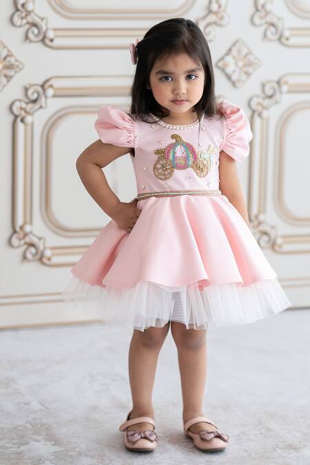 Shop_Ruchika Lath Label_Peach Neoprene, Cotton Sequins, Beads, Zari Chariot Embroidered Dress _Online_at_Aza_Fashions