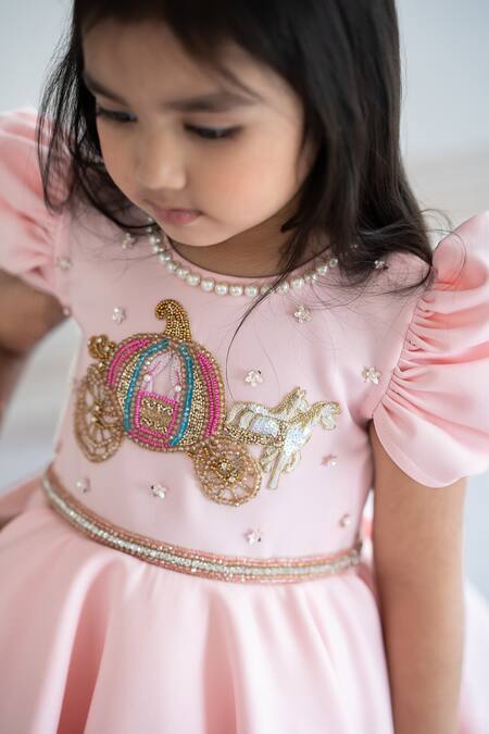 Ruchika Lath Label_Peach Neoprene, Cotton Sequins, Beads, Zari Chariot Embroidered Dress _at_Aza_Fashions