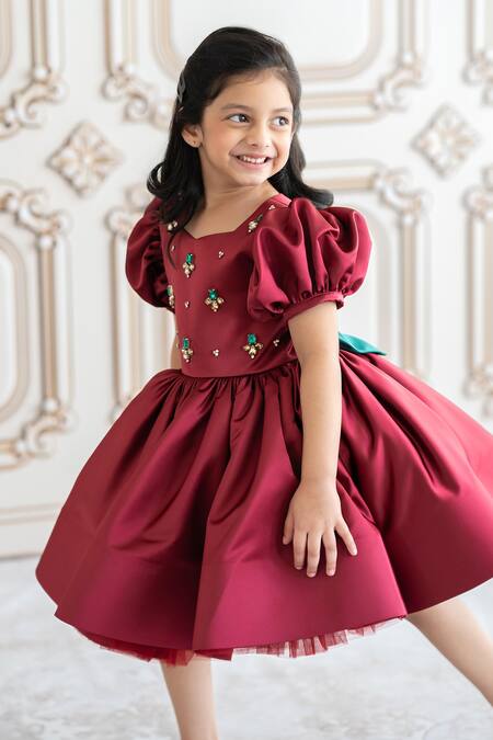 Ruchika Lath Label_Maroon Brocade Crystals, Stones Embellished Dress With Puff Sleeves _Online_at_Aza_Fashions