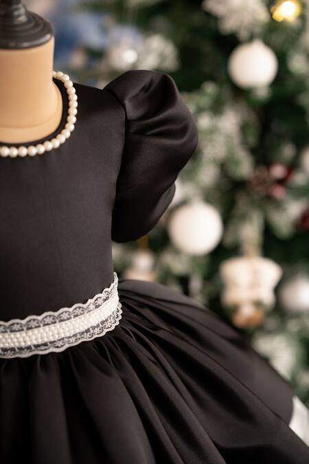 Ruchika Lath Label_Black Brocade, Chiffon Pearls, Lace Waistband Dress _Online_at_Aza_Fashions