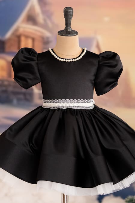Shop_Ruchika Lath Label_Black Brocade, Chiffon Pearls, Lace Waistband Dress _Online_at_Aza_Fashions
