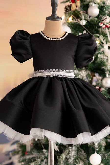 Ruchika Lath Label_Black Brocade, Chiffon Pearls, Lace Waistband Dress _at_Aza_Fashions