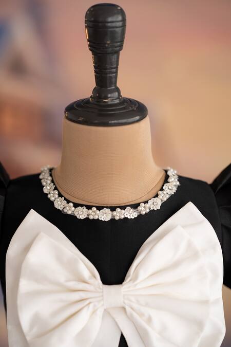 Ruchika Lath Label_Black Taffeta, Linen Pearls, Sequins, Applique Embellished Puff Sleeve Dress _Online_at_Aza_Fashions