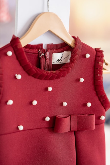 Ruchika Lath Label_Red Neoprene, Linen, Cotton Pearls Embellished Frilled Dress _Online_at_Aza_Fashions