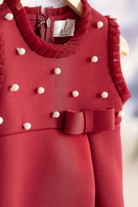Buy_Ruchika Lath Label_Red Neoprene, Linen, Cotton Pearls Embellished Frilled Dress _Online_at_Aza_Fashions