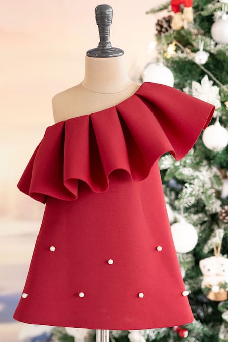 Ruchika Lath Label Red Pearl Embellished One Shoulder Dress 