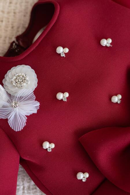 Buy_Ruchika Lath Label_Red Neoprene, Cotton Pearls, Sequins, Embellished Dress Set With Accessories _Online_at_Aza_Fashions