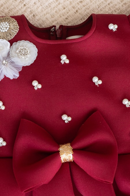 Shop_Ruchika Lath Label_Red Neoprene, Cotton Pearls, Sequins, Embellished Dress Set With Accessories _Online_at_Aza_Fashions