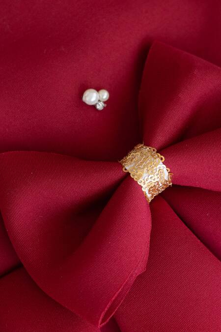 Ruchika Lath Label_Red Neoprene, Cotton Pearls, Sequins, Embellished Dress Set With Accessories _at_Aza_Fashions