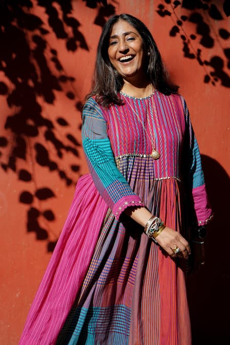 Swatti Kapoor_Multi Color , Handloom Round Neck Multicolor Stripe Woven Kurta _Online_at_Aza_Fashions