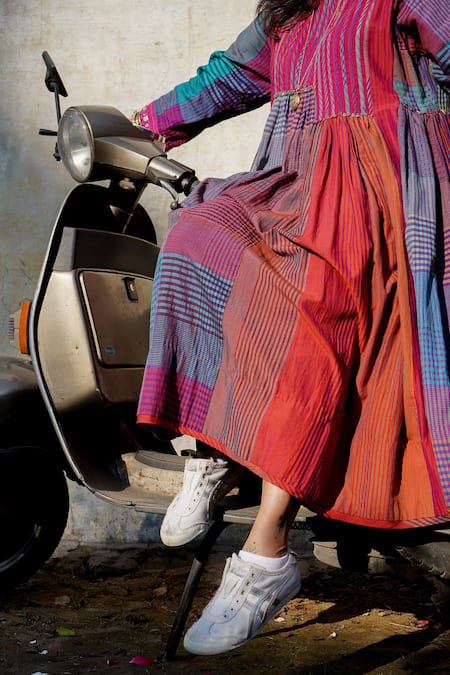 Buy_Swatti Kapoor_Multi Color , Handloom Round Neck Multicolor Stripe Woven Kurta _Online_at_Aza_Fashions