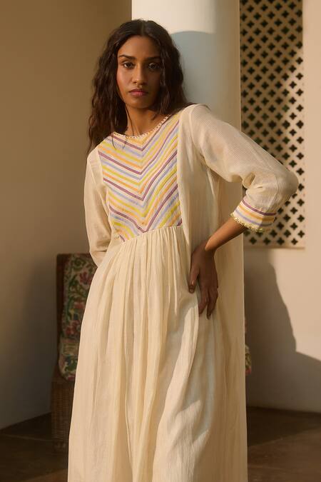 Buy Swatti Kapoor Ivory Chanderi, Cotton Beads Round Neck Stripe Patchwork Woven Tunic Online at Aza Fashions Buy_Swatti Kapoor_Ivory Chanderi, Cotton Beads Round Neck Stripe Patchwork Woven Tunic _Online_at_Aza_Fashions