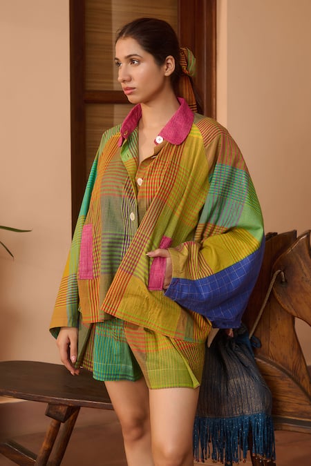 Buy_Swatti Kapoor_Multi Color Cotton, Silk Patchwork Collared Multicolor Stripe Woven Jacket _Online_at_Aza_Fashions