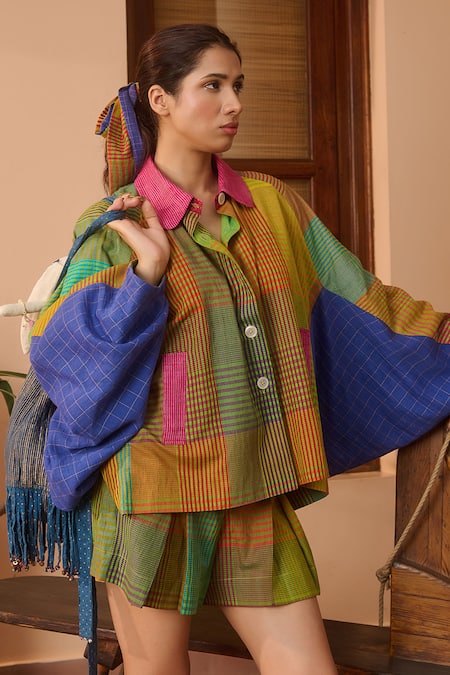 Shop_Swatti Kapoor_Multi Color Cotton, Silk Patchwork Collared Multicolor Stripe Woven Jacket _Online_at_Aza_Fashions