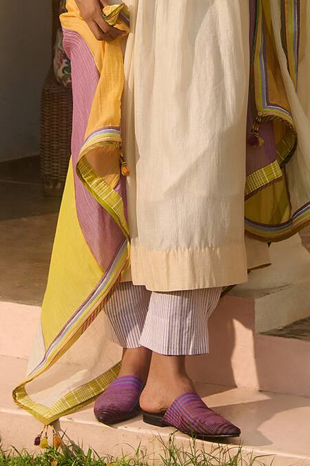 Swatti Kapoor Ivory Chanderi, Cotton Beads, Tassels Round Stripe Patchwork Woven Kurta Set Online at Aza Fashions Swatti Kapoor_Ivory Chanderi, Cotton Beads, Tassels Round Stripe Patchwork Woven Kurta Set _Online_at_Aza_Fashions