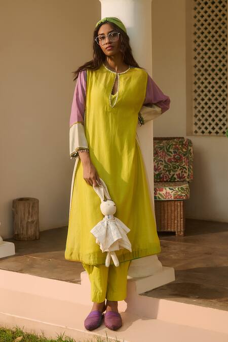 Shop Swatti Kapoor Multi Color Chanderi, Cotton Piping, Beads Multicolor Daisy Stripe Woven Kurta Online at Aza Fashions Shop_Swatti Kapoor_Multi Color Chanderi, Cotton Piping, Beads Multicolor Daisy Stripe Woven Kurta _Online_at_Aza_Fashions