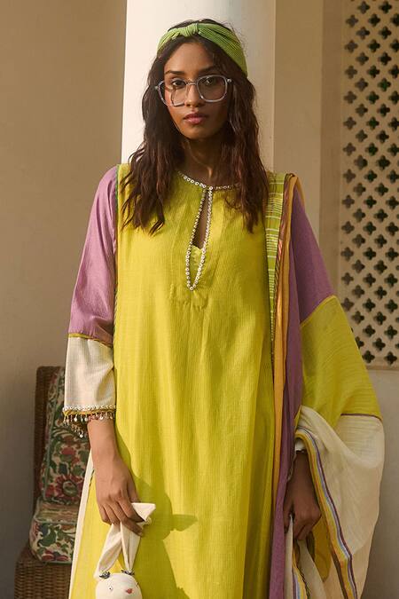 Swatti Kapoor Multi Color Chanderi, Cotton Beads, Embroidery Multicolor Stripe Woven Kurta Set Online at Aza Fashions Swatti Kapoor_Multi Color Chanderi, Cotton Beads, Embroidery Multicolor Stripe Woven Kurta Set _Online_at_Aza_Fashions