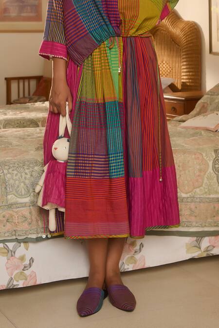 Shop Swatti Kapoor Multi Color Cotton, Silk, Handloom Delta Stripe Patchwork Woven Shirt And Skirt Online at Aza Fashions Shop_Swatti Kapoor_Multi Color Cotton, Silk, Handloom Delta Stripe Patchwork Woven Shirt And Skirt _Online_at_Aza_Fashions