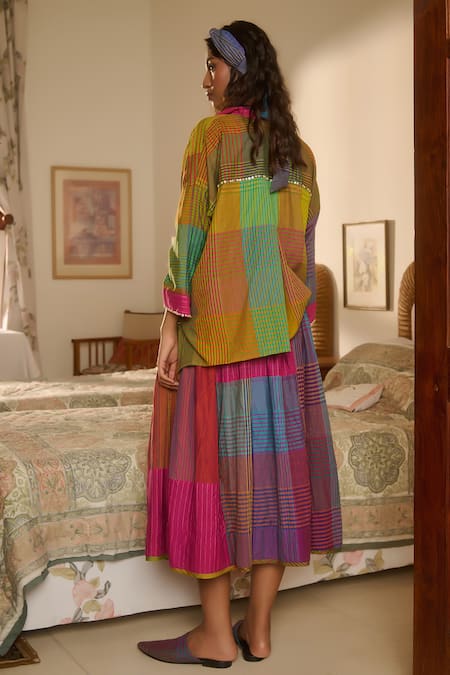 Shop Swatti Kapoor Multi Color Cotton, Silk, Handloom Delta Stripe Patchwork Woven Shirt And Skirt at Aza Fashions Shop_Swatti Kapoor_Multi Color Cotton, Silk, Handloom Delta Stripe Patchwork Woven Shirt And Skirt _at_Aza_Fashions