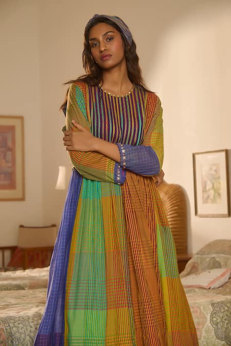 Buy_Swatti Kapoor_Multi Color Cotton, Silk Organza, Multicolor Stripe Woven Tunic And Flared Pant _Online_at_Aza_Fashions