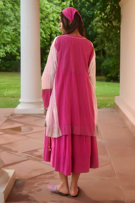 Shop Swatti Kapoor Ivory Cotton, Silk Tassels Open Neck And Pink Checkered Woven Overlay at Aza Fashions Shop_Swatti Kapoor_Ivory Cotton, Silk Tassels Open Neck And Pink Checkered Woven Overlay _at_Aza_Fashions