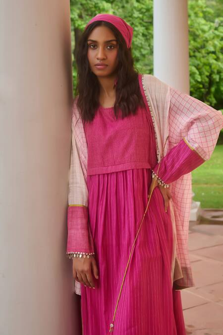 Swatti Kapoor Pink , Handloom Tassels Open Checkered Woven Overlay And Dress Set Online at Aza Fashions Swatti Kapoor_Pink , Handloom Tassels Open Checkered Woven Overlay And Dress Set _Online_at_Aza_Fashions